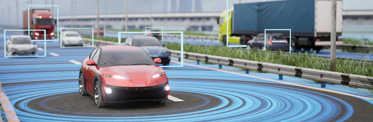 3-dimensional render of a futuristic self-driving car using sensors to navigate the freeway
