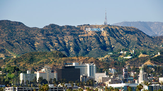 The Hollywood Sign as seen from south of Hollywood Boulevard